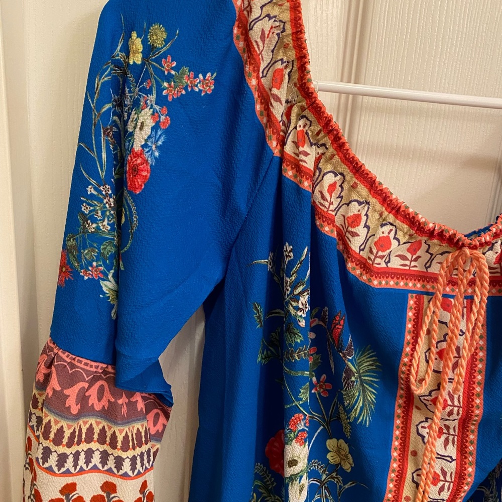NWT Umgee Blue Off Shoulder Babydoll Floral Mini Dress Tassels bell sleeves Boho - Picture 5 of 13